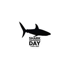 Cool shark and a text Shark Awareness Day - 14th July silhouette on white background