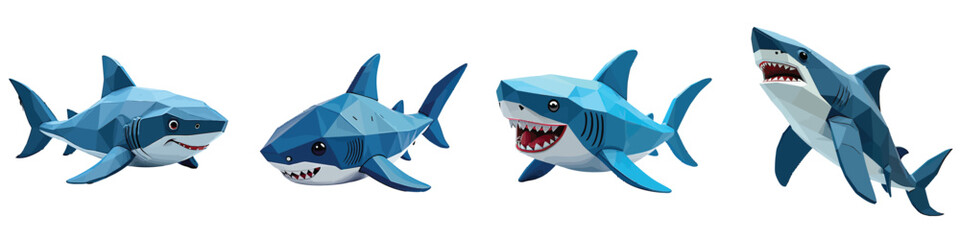 Fototapeta premium Set of 4 Blue Polygonal Shark Vector Illustrations