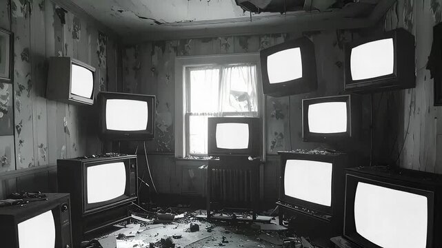 Abandoned room filled with old, blank screen TVs.  Decaying walls and debris add to the eerie atmosphere. Perfect for concepts of nostalgia, technology, obsolescence, or media saturation.