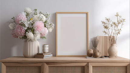white wall a framed mockup, Two Posters and a Photo Frame Staged on Rustic