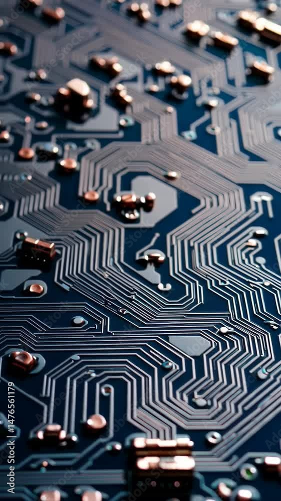 Poster Dynamic closeup of electronic circuit board with tracing patterns and copper components