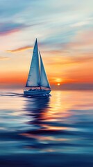 Sailing boat on calm water reflecting sunset sky