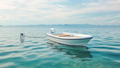 Naklejka premium White boat with calm sea, and island view.
