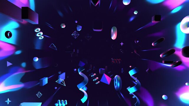 Looped passing through neon metallic geometric shapes motion graphics.