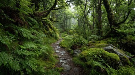 Lush, mossy woodland path
