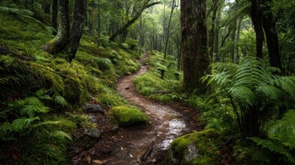 Lush forest path winding through mossy, verdant undergrowth