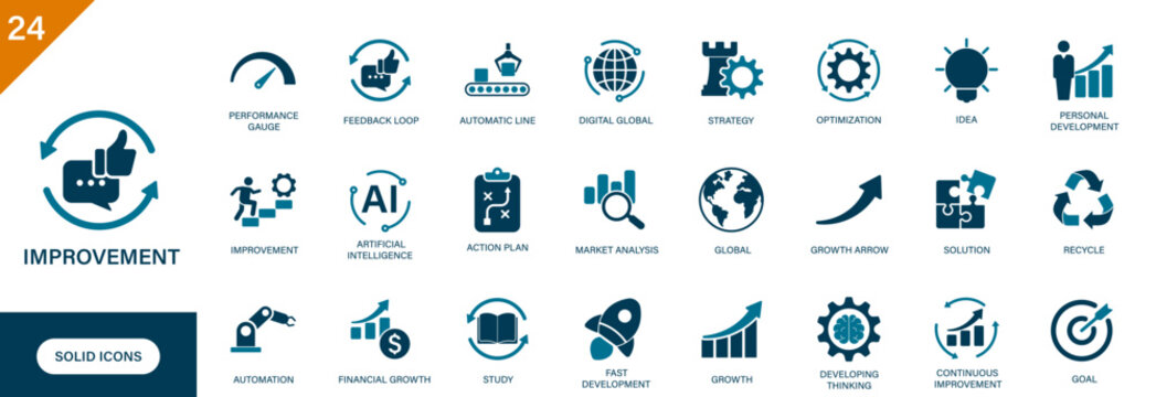 Improvement icon. Containing market analysis, growth, idea, automation, development thinking, feedback loop. Solid vector icons set.