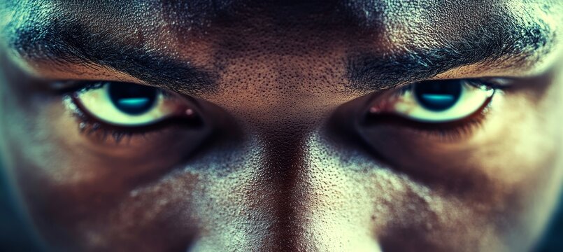 Intense Male Eyes Staring, Close-Up Portrait, Dramatic Lighting With A Focused Expression - Powered by Adobe