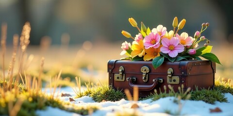 Vintage Suitcase Adorned with a Delicate Bouquet of Spring Blossoms Resting on a Patch of Moss and Snow