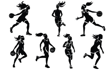 vector black and white silhouette of male and  female Basketball Player silhouettes in different action