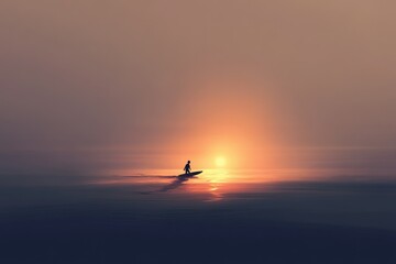 Silhouetted surfer stands on board at sunset, peaceful ocean scene.
