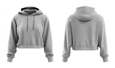 A gray cropped hoodie with long sleeves and a hood, displayed from both front and back views. The casual garment is made of soft fabric for a comfortable fit.