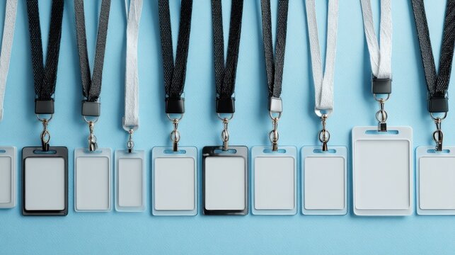 Rows of blank identification badges with black and white lanyards