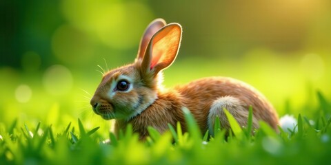 Fototapeta premium A young brown rabbit rests peacefully in a vibrant green field, basking in the warm sunlight of a spring day.