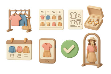 Fashion and wardrobe 3d icons set &ndash; clothing, style, outfit planning elements