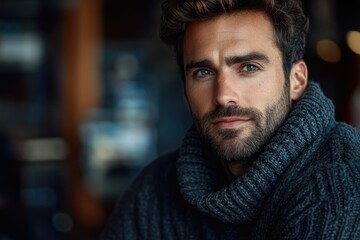 Obraz premium A handsome man with dark hair and a beard, wearing a dark gray turtleneck sweater, looks directly at the camera.