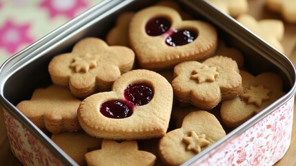 Heart-shaped cookies with a red jam filling in a metal tin.