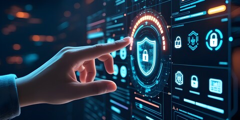 A hand points to a glowing shield and lock icon on a dynamic, futuristic cybersecurity interface.