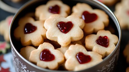 Heart-shaped cookies with a red jam filling in a metal tin.