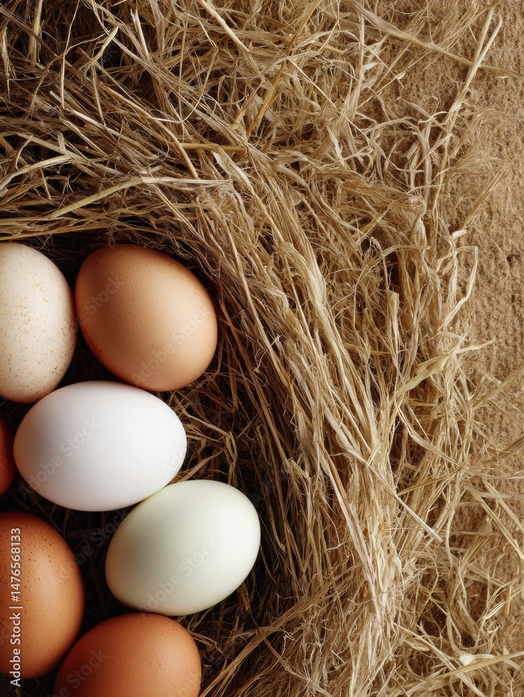 Aufkleber Fresh Eggs Arranged in a Straw Nest With a Blank Area for Additional Elements or Text Above