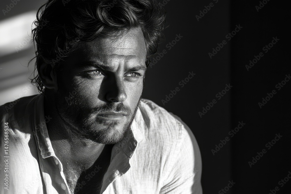 Aufkleber a black and white portrait of a man with intense eyes and a contemplative expression.