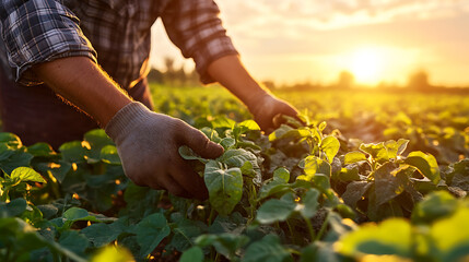 Farmer Inspecting Soybean Plants at Sunset