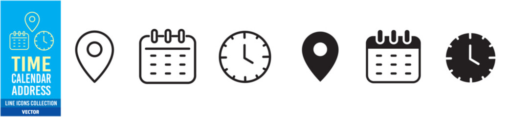 Time, calendar & address location icons set. 