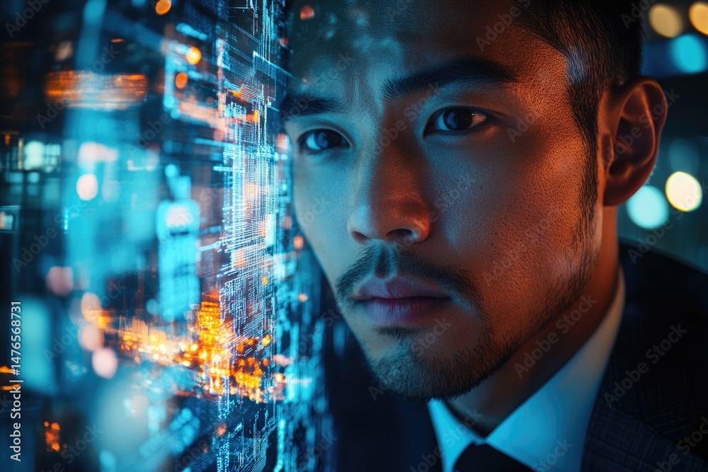 Poster A man's face is partially obscured by a futuristic digital display, symbolizing technological immersion and data analysis.