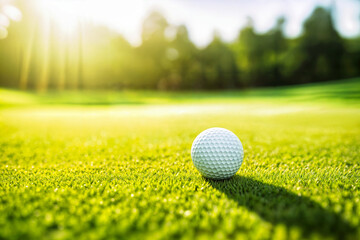 Golf ball on lush green grass, sunny day on the course. Sport, recreation, relaxation, competition, challenge and precision.