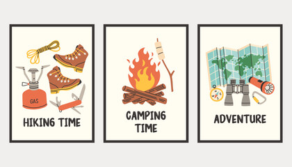 Fototapeta premium Vertical simple camping poster set. Summer outdoor activity brochure with hiking and camping logo, nature recreation concept. Flyer banner for forest adventure, summer travel camp illustration.
