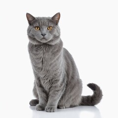 Fototapeta premium British kitten on white background, Grey cat sitting on a white background