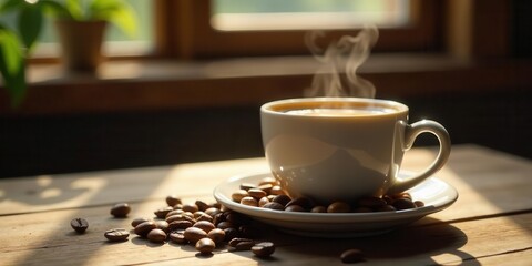 Warm morning beverage in a white cup with aromatic coffee beans scattered on a wooden surface bathed in sunlight