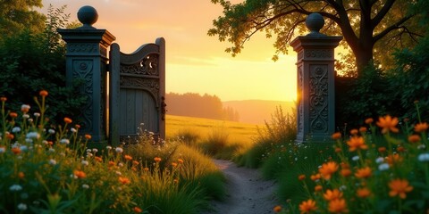 Ornate Gate Opens to a Serene Sunset Landscape, Pathway Beckons Through Vibrant Wildflowers