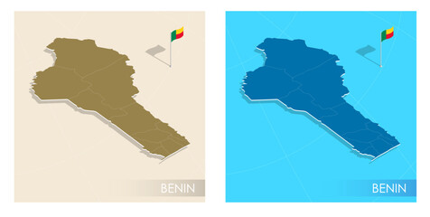 Obraz premium Benin country flag installed on geographic positioning map point of country territory. Benin commonwealth banner on land and sea. Festive patriotic HD format template for independence day
