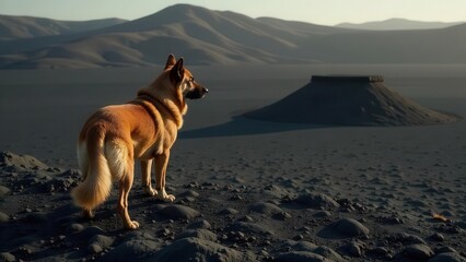 A lone canine companion surveys a desolate, expansive landscape of dark sand and distant hills under a soft, setting sun