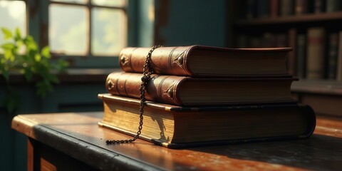 A stack of antique leather-bound books rests on a wooden surface, bathed in the warm glow of sunlight streaming through a nearby window, a delicate chain draped artistically across the volumes.