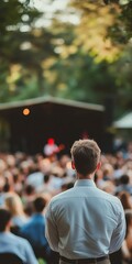 Fototapeta premium Man Viewing Outdoor Performance At Music Festival With Stage And Blurred Crowd Behind