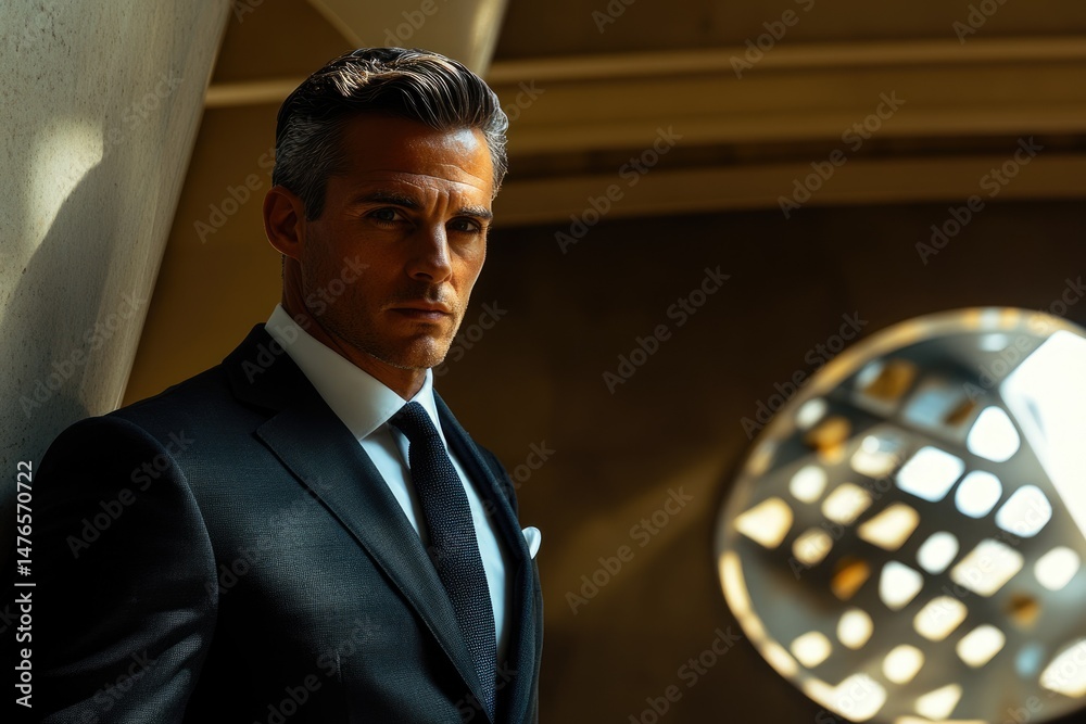 Poster a sophisticated man in a sharp suit, exuding confidence and style in an urban setting.
