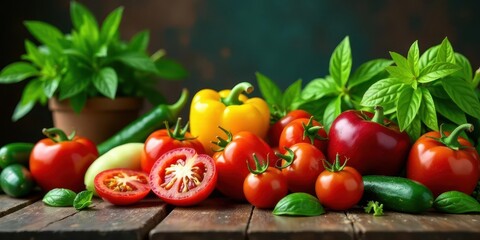 Vibrant Garden Bounty A Colorful Display of Fresh Tomatoes, Peppers, and Cucumbers on Rustic Wooden Surface