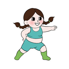 Girl is exercising by stretching her muscles 