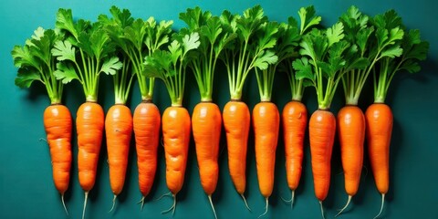 A vibrant row of freshly harvested carrots, each adorned with its vibrant green tops, arranged in a visually appealing pattern against a rich teal backdrop.