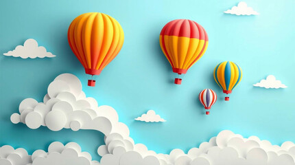 Beautiful fluffy clouds on blue sky background with colorful hot air balloons.Paper art. Paper cut style. Place for text. Travel and adventure concept.