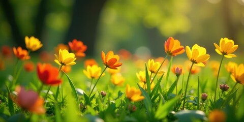 Vibrant Spring Meadow A Sunlit Tapestry of Yellow and Orange Blossoms Basking in Gentle Sunlight