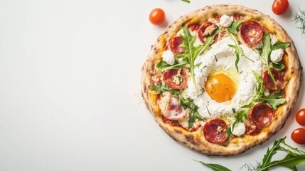 A small pizza with cheese and herbs on a white background.