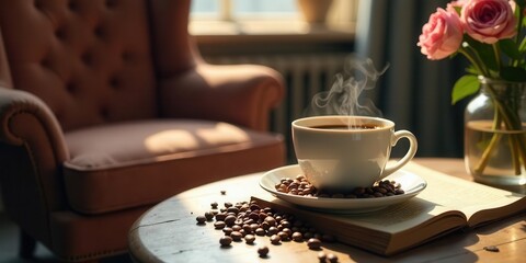 Aromatic Coffee Steam Rising from a Mug Beside an Open Book and Pink Roses on a Wooden Table Near a Cozy Armchair