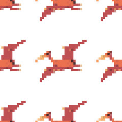 Pixelated pterodactyl dinosaur vector cartoon seamless pattern on a white background.