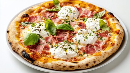A small pizza with cheese and herbs on a white background.