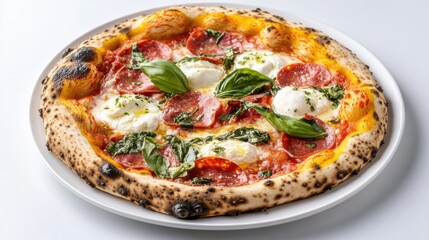 A small pizza with cheese and herbs on a white background.