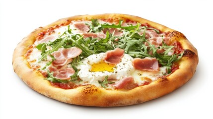 A small pizza with cheese and herbs on a white background.