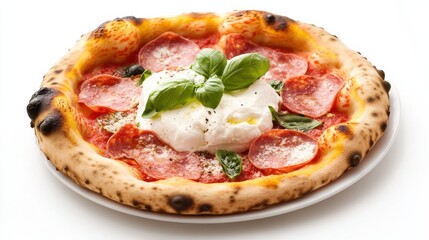 A small pizza with cheese and herbs on a white background.